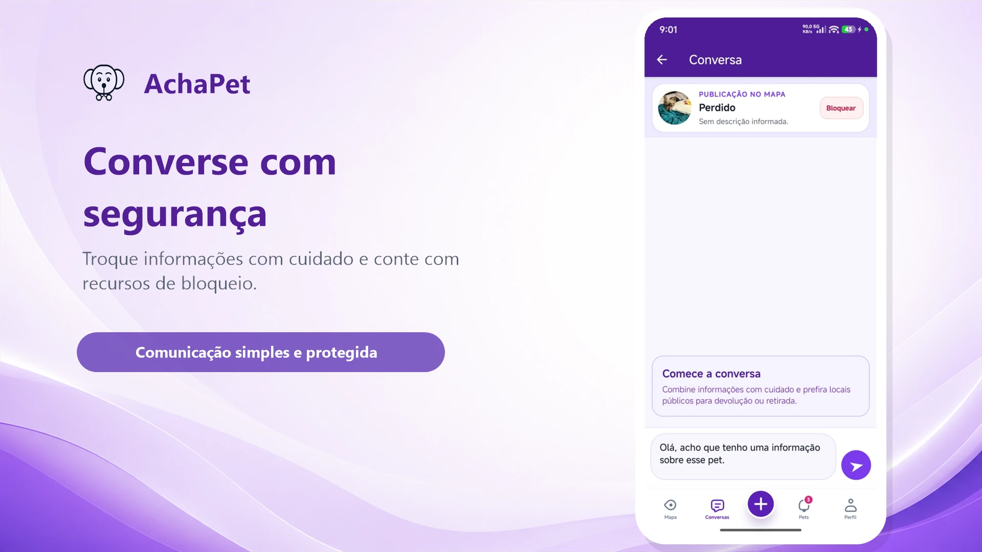 Conversa segura vinculada a uma publicação no AchaPet
